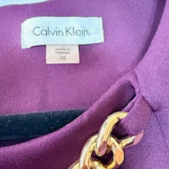 Calvin Klein Sheath Dress Plum Gold Chain Neckline Size 10 | Sleeveless Workwear - Picture 7 of 7